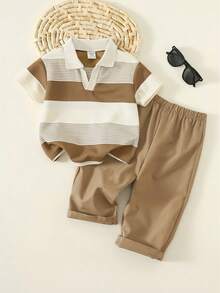 2 piezas Conjunto de camisa polo a rayas y pantalones de cintura elástica para niño pequeño, estilo urbano casual, adecuado para fiesta de cumpleaños, fiesta de noche, actuación, boda, baby shower, celebración del 1er cumpleaños - Multicolor - Ver 7