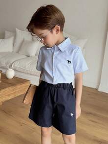 Dazy Kids Young Boy Striped Print Button-Front Shirt And Slant Pocket Shorts Suit, Gentleman Outfit - Blue - View 4