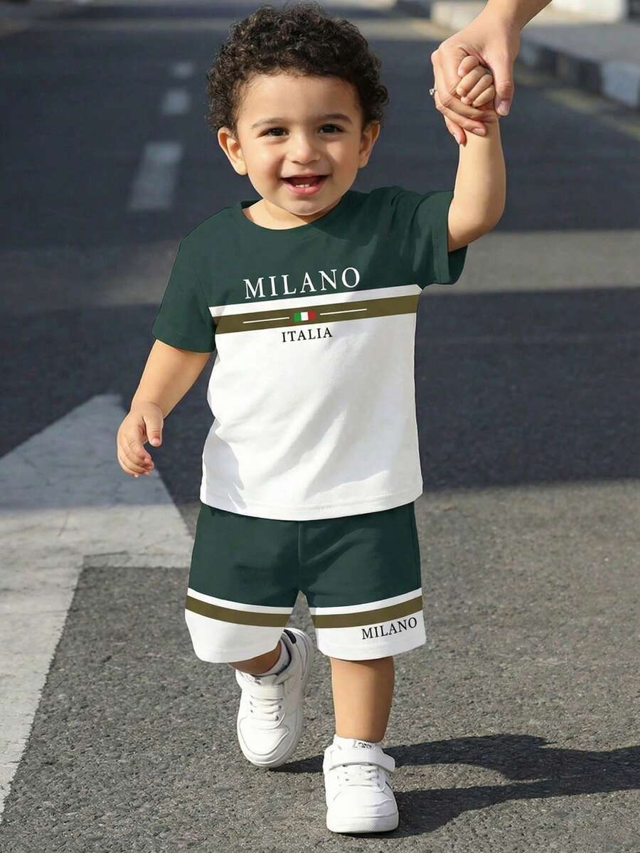 SHEIN Conjunto de camiseta infantil para bebê, modelo casual minimalista clássico, estilo universitário/esportivo, com cores contrastantes, modelagem solta e confortável, ideal para o verão. - Multicolorido - View 1