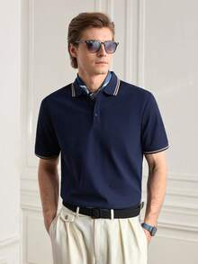 Officeau 1 件男士短袖纯色 Polo 衫，休闲商务风格翻领，夏季 - 藏蓝色 - 查看 2