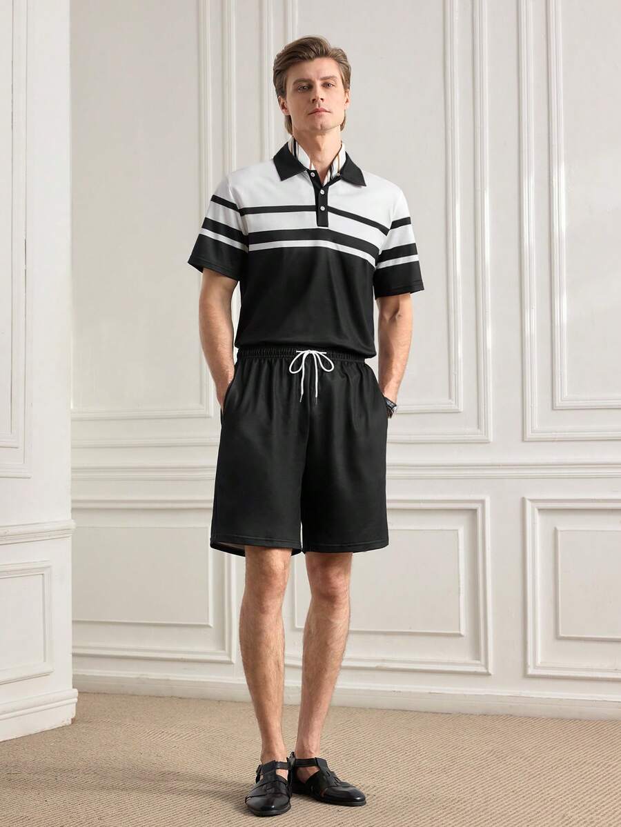 Men's Business Patchwork Print Short Sleeve Polo Shirt And Shorts Set - Black - View 1