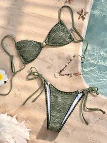 Swim Mod Bộ bikini ren mới dành cho nữ, dây đeo có thể điều chỉnh với họa tiết ngọc trai, thích hợp cho đi biển, hẹn hò, kỳ nghỉ, mùa xuân/hè. - màu xanh lá - Xem 5