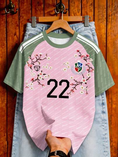 Aesthetic Post Sakura Floral Print Patchwork Sports T-Shirt, Street Loose Graphic Tee, Men's Graphic T-Shirt, Graphic T-Shirt, Men's Fashion Sports Tops, Football/Soccer Gear Pink Jersey Y2k Jersey Anime Jersey Spring Tops Spring Tops  Summer Tops For Women