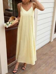 Livesso 女士吊带条纹度假沙滩奶油黄中长连衣裙 - 黃色 - 查看 5