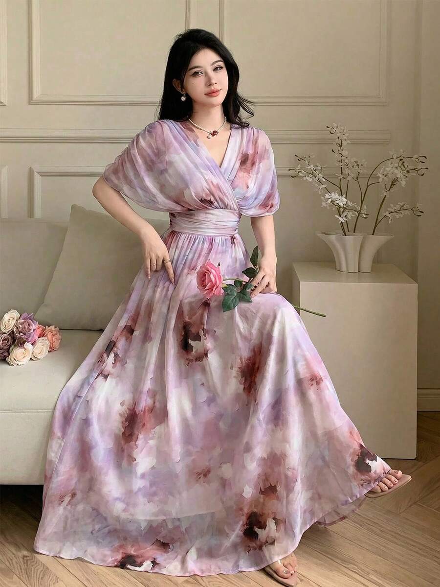 Feyla 女士优雅长款花卉印花蝙蝠袖连衣裙，夏季长款晚礼服 - 彩色 - 查看 1