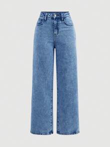 SHEIN Girlism Jeans casuales minimalistas de unicolor para adolescentes - Azul lavado medio - Ver 1