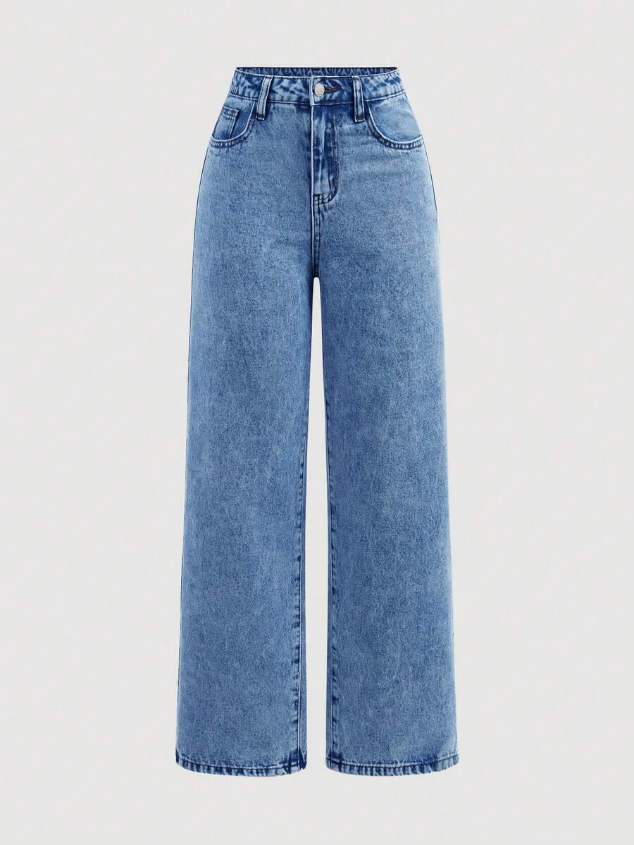 SHEIN Girlism Jeans casuales minimalistas de unicolor para adolescentes - Azul lavado medio - Ver 1
