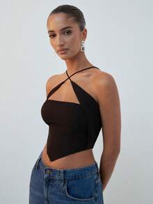 Hauture Women's Black Summer Seksi Chic Halter Neck Top,Back Smocking Detailed Crop Top,Office Chic Styling,Old Money Aesthetic Woven Top,Club Night Top - Black - View 3