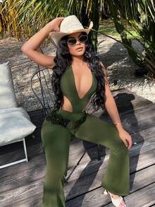 SHEIN SXY Olive Green Sexy Hollow Out Backless Sleeveless Jumpsuit - Army Green - View 6