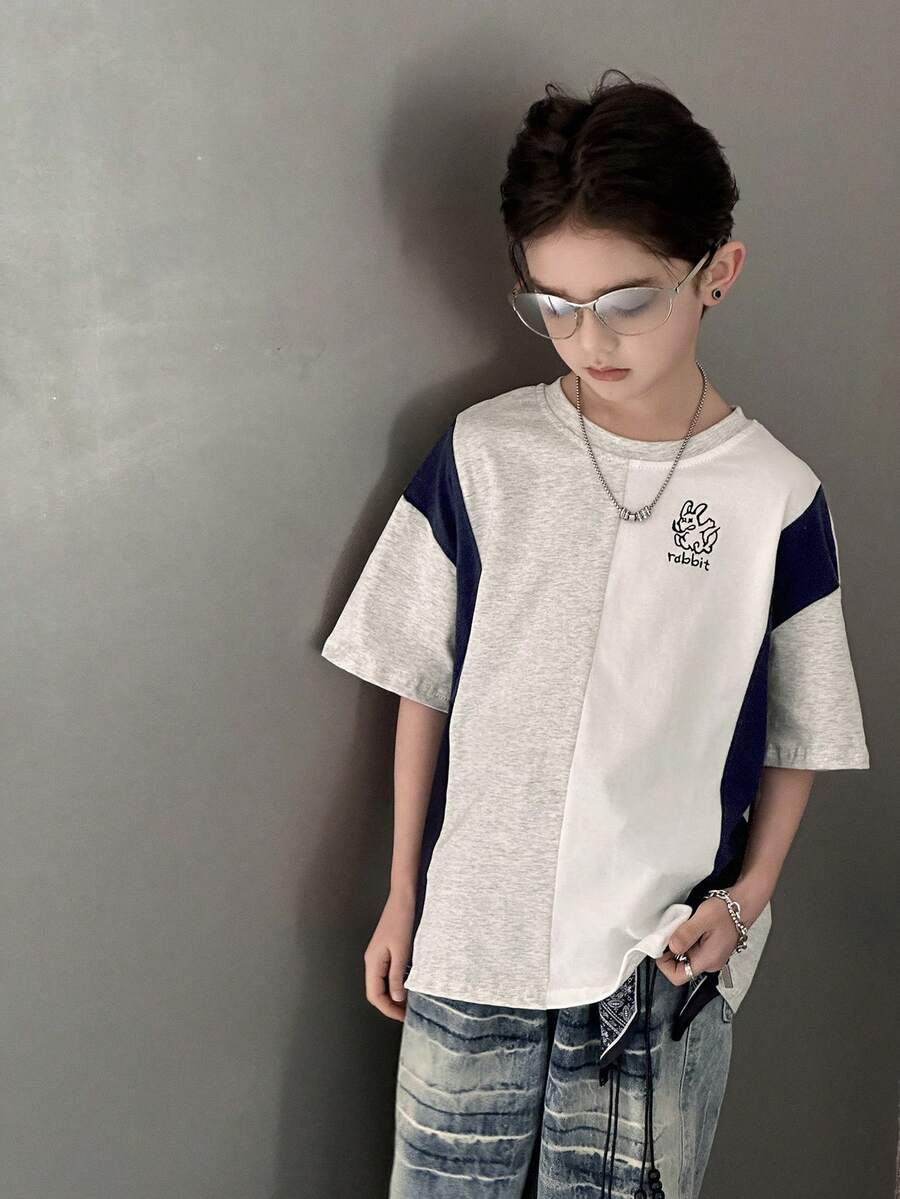 DAZY 青少年男孩字母和卡通兔子印花短袖休闲T恤 - 灰色 - 查看 1