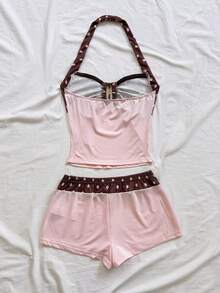 Conjunto Casual de 2 Piezas para Mujer : Top Halter con Volantes a Rayas y Pantalones Cortos - Multicolor 4 - Ver 2