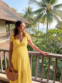 SHEIN Maternity Vacation Textured Ruffle Hem Sleeveless Dress - Yellow - View 3