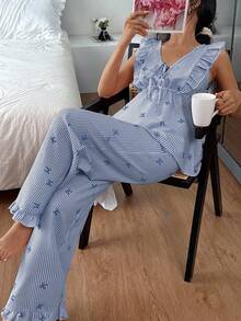 Napfluff Bộ đồ ngủ mùa hè 2 món gồm áo và quần, họa tiết sọc, nơ và viền bèo nhún. - Màu xanh lam - Xem 3