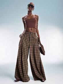 GENKIRA Fashionable Retro Versatile Commuting Casual Plaid Pleated Design Loose Flattering Wide Leg Pants - Coffee Brown - View 6