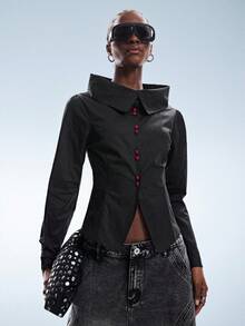 Aveloria GENKIRA Black Lapel Contrast Red Button Design Front Open Waist Decorated With Scarf Punk Romantic Casual Mixed Match Women Long Sleeve Shirt Blouse - Black - View 2
