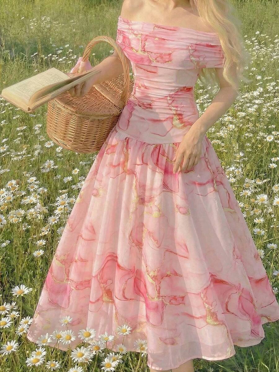 SHEIN 优雅露肩A字连衣裙，粉色，适合少女穿着；粉色印花露肩连衣裙，适合青少年穿着。 - 粉色 - 查看 1
