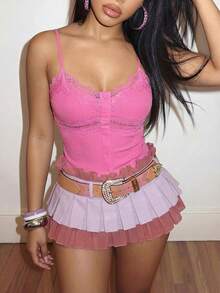 Slaydiva Áo camisole nữ ren cài nút, kiểu dáng thường ngày, đa năng. - Màu Hồng Tươi - Xem 6