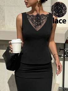 Siren Gaze 女士无袖蕾丝拼接衬衫，春夏款 - 黑色 - 查看 6