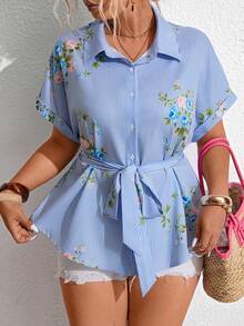 SHEIN LUNE Plus Size Elegant Casual Floral Color Block Shirt, Slimming Belt Design, Suitable For Daily Commute, Outdoor Activities And Vacation Wear - Multicolor - View 5