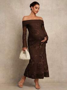 MaterniChic Vestido elegante con hombros descubiertos, estampado floral y bajo de cola de pez para mujeres embarazadas, primavera/verano - Café integral - Ver 7