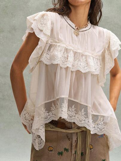 Bohemela Women's Casual Solid Color Woven Asymmetrical Hem Round Neck Short Sleeve Shirt
