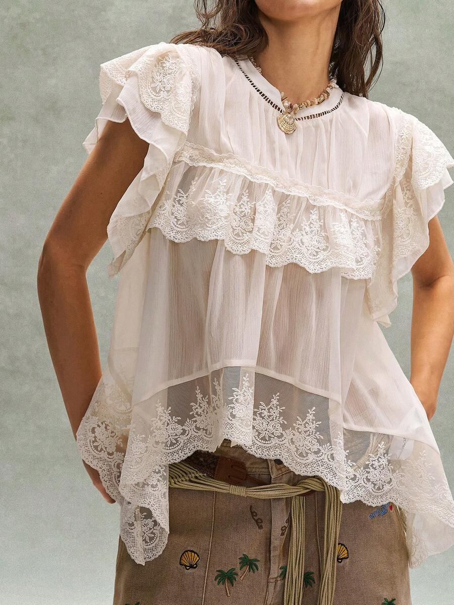 SHEIN BohoFeels Blusa de mujer de estilo bohemio francés romántico para vacaciones de verano, con bordados, volantes y encaje, de estilo libre y casual. Estilo de vestir libre y relajado, disfraz de mujer para carnaval, playa, vacaciones de verano - Albaricoque - Ver 1