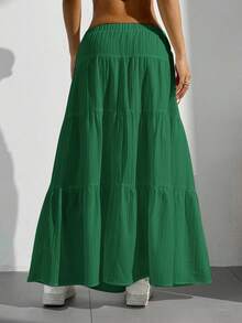 SHEIN PETITE CURVE 大码纯色简约休闲系带半身裙 - 墨綠色 - 查看 2