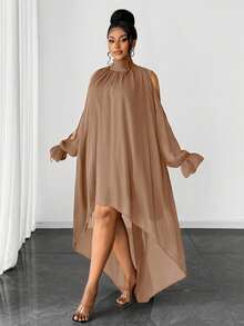 Maweii Plus Size Elegant Solid Color Off-Shoulder Front Short Back Long Dress, Summer - Khaki - View 3