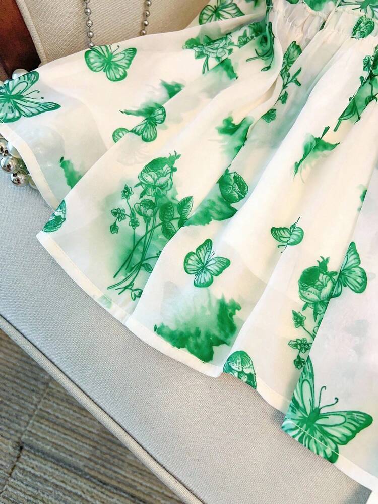 GlowEve CURVE Plus Size Women's Summer New Chinese Style Butterfly, Landscape & Floral Print Double-Layer Flare Sleeve Design Round Neck Ruffle Hem Loose Comfortable Sweet Chiffon Blouse - Multicolor - View 3