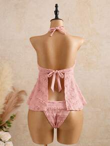 Bellisia 女士度假风纹理面料酒红色可拆卸肩带荷叶边下摆可爱吊带比基尼上衣 - 粉色 - 查看 2