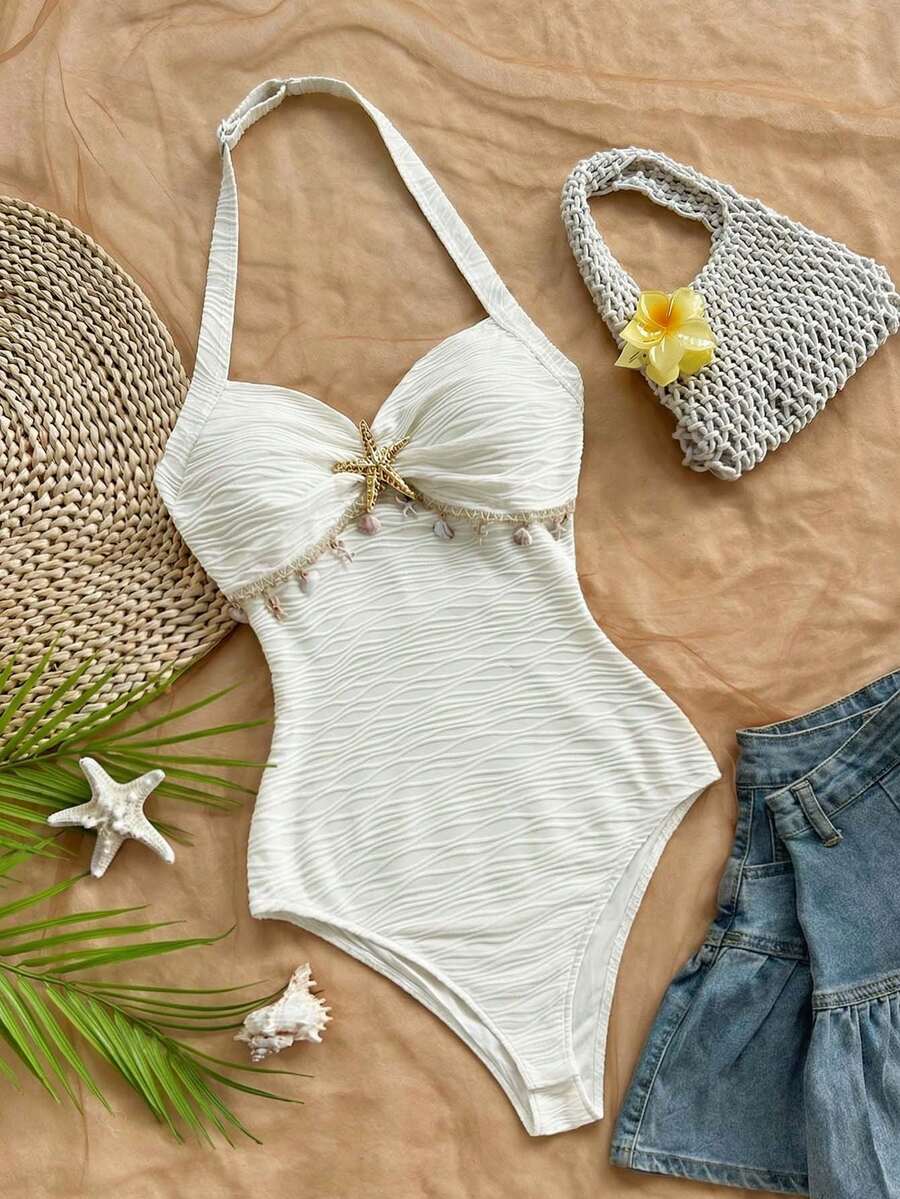 SHEIN 少女连体泳衣,度假款露背V领花卉金属扣白色针织纹理连体裤 - 杏色 - 查看 1