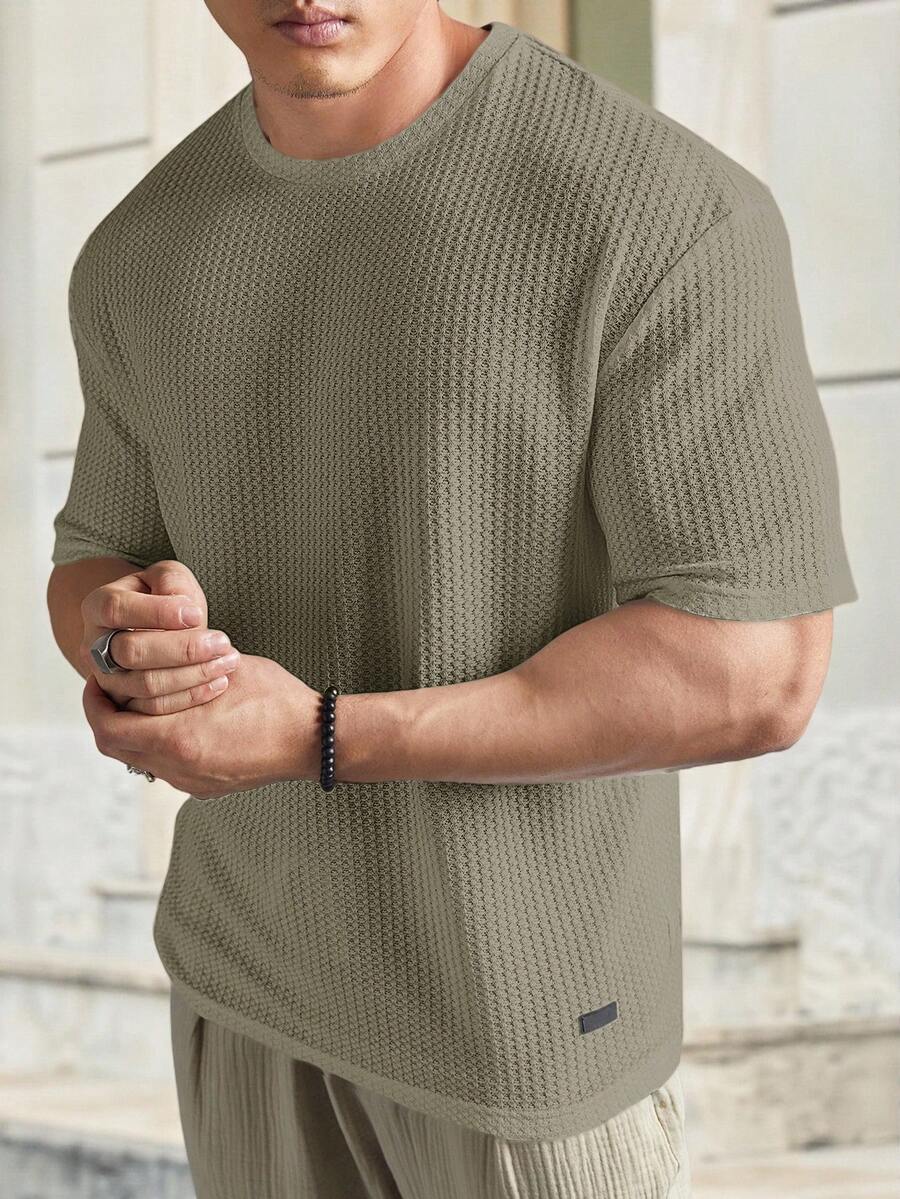 EASEVO Men's Plus Size Casual Solid Color Short Sleeve T-Shirt, Vacation, Father's Day Gifts - Khaki - View 1