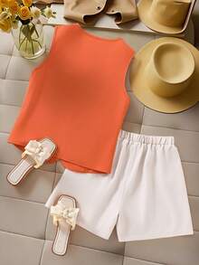 SHEIN Elladie kids 2件套青少年复古硬币图案背心短裤套装，舒适休闲，适合日常通勤和度假穿着，夏季 - 彩色 - 查看 3