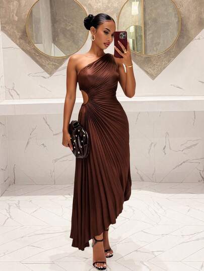 Slaydiva 女士纯色露腰褶裥连衣裙