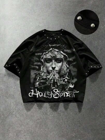 ROMWE MEN 男士铆钉装饰印花宽松T恤