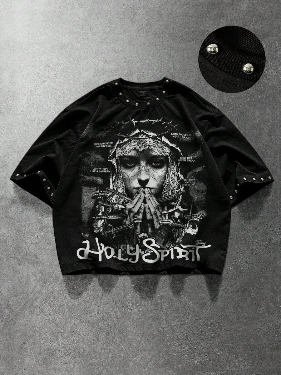 ROMWE MEN Street Life Men's Rivet Decor Printed Loose T-Shirt - Black - View 1