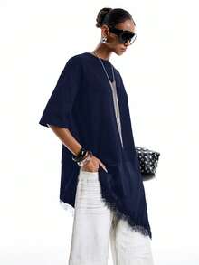 LYSMO 2026新款极简春夏女式藏蓝色落肩圆领休闲百搭T恤，户外上衣 - 藏蓝色 - 查看 9