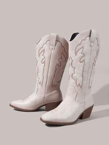 Styleloop Women's Dark Punk Gothic Embroidered Western Boots, Brown Low Heel Rivet Leather Mid-Calf Boots - Khaki Leather - View 6