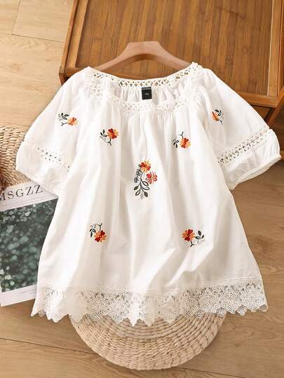 GlowEve CURVE 大码女装夏季时尚刺绣蕾丝拼接短袖衬衫