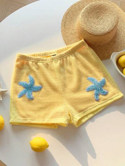 Comfortcana 2026 Primavera/Verano Nuevos pantalones cortos de mujer con malla de ganchillo amarillo limpio, cuentas azules y estrella de mar, para invierno, Pascua, fiesta, playa, boda, graduación, elegante, casual, vacaciones, deportes, formal, Y2K, negocios, lentejuelas, flecos, volantes, flores, gráficos