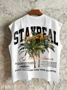 STEELVANCE Men's Letter & Plant Print Round Neck Casual Tank Top For Summer - White - View 1