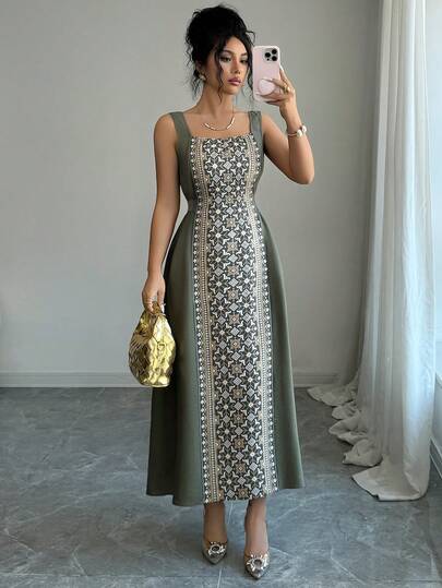 Rafferiza 女士印花收腰A字复古长款连衣裙