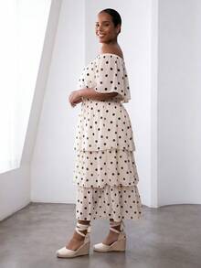 Rochie midi elegantă ELLERISSA Curve cu mai multe straturi, în nuanțe de buline bej, cu umerii goi și volane, rochie casual, ținute de vară, rochie de petrecere, rochii mărime mare pentru femei, ținute de vacanță, ținute de birou, rochie midi cu straturi, rochie pentru invitați la nuntă, rochie vintage retro - Multicolor - Vizualizare 3