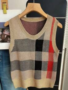 Women's Plaid Loose Casual Versatile Knitted Vest, Autumn/Winter - Brown - View 3