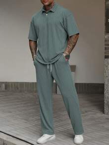 Manfinity Homme Men's Knitted Textured Fabric Polo Shirt And Pants Set - Green - View 6
