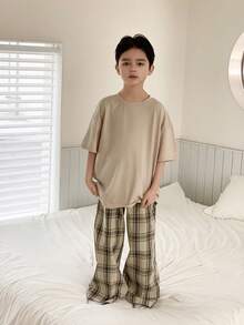 Dazy Kids Tween Boy Solid Color Short Sleeve Top And Plaid Pants Pajama Set Summer - Apricot - View 3