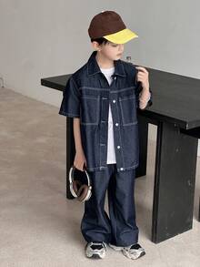 DAZY 青少年男童单排扣短袖上衣和长裤休闲牛仔套装 - 藍色 - 查看 4