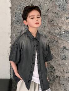 Dazy Kids Tween Boy Solid Color Front Button Pocket Casual Short Sleeve Denim Shirt Summer - Grey - View 4