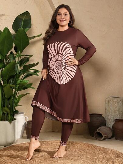 Swim Mulvari Conjunto de 2 piezas de burkini de talla grande para mujer con estampado de conchas marinas, top de manga larga y pantalones para vacaciones en la playa 2026