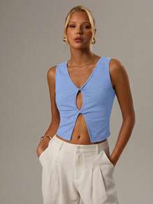 SHEIN Forever 21 Women's Solid Color Cutout Design Open Hem Sexy Camisole - Blue - View 3